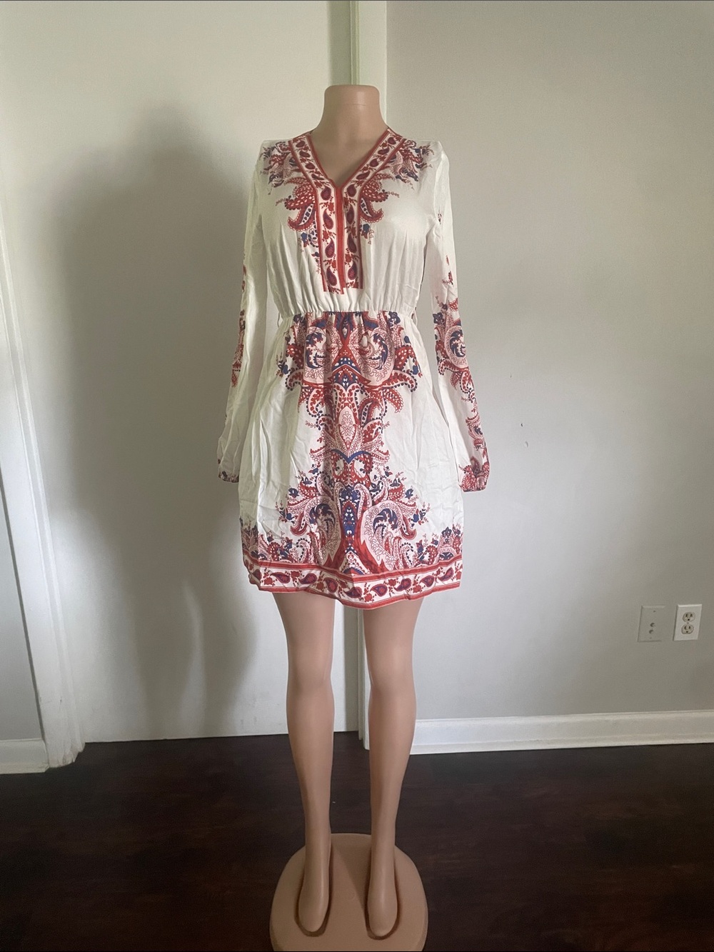 White Boho Paisley V-Neck Mini Dress with Red Print